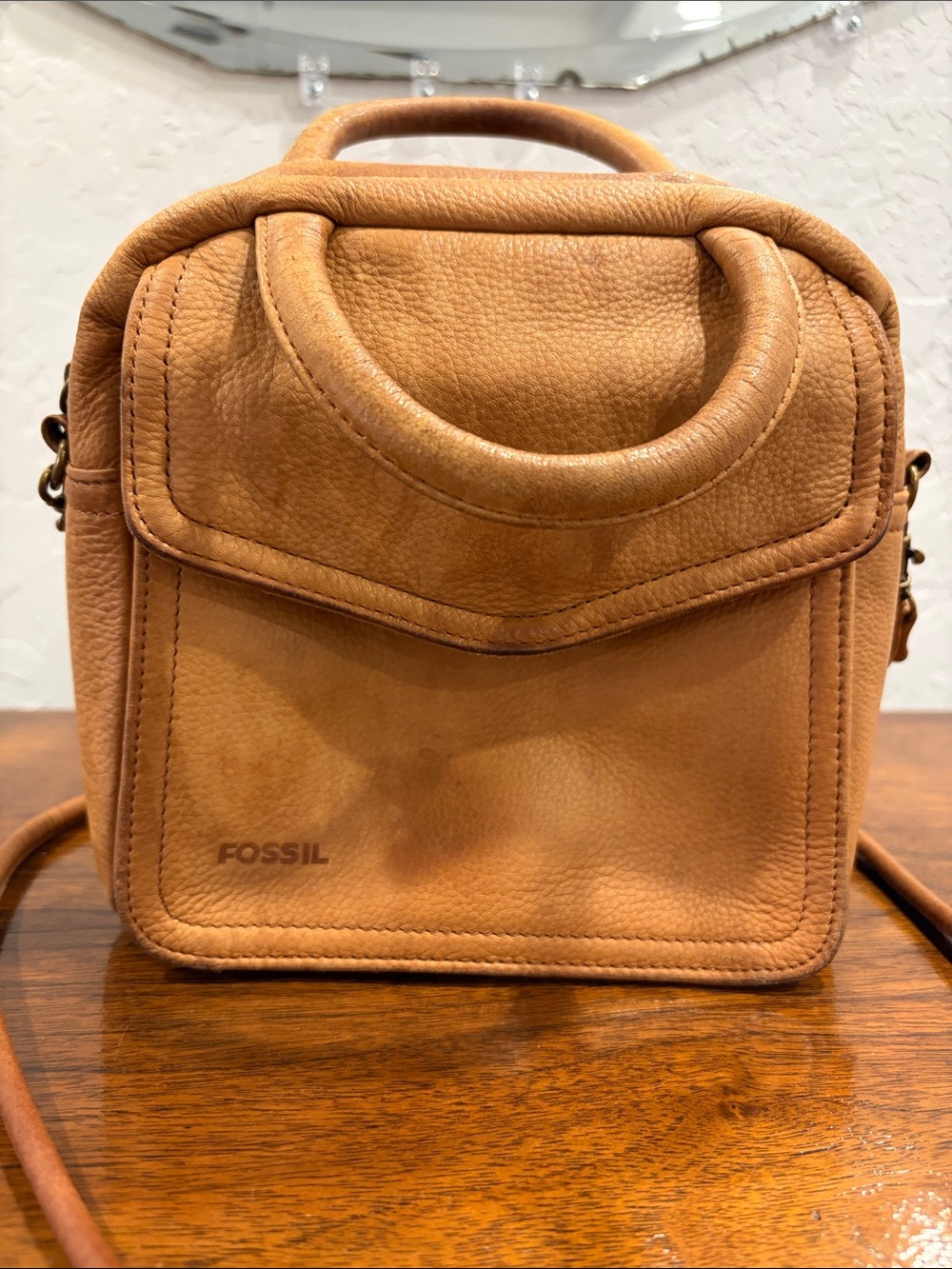 Unisex Fossil Tan Leather Top-Handle or Crossbody Messenger Bag